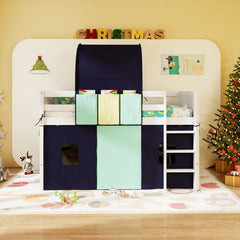 Twin Size Loft Bed Playhouse Bed Frame with Tower Tent and 3 Storage Pockets