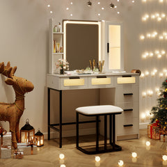 Makeup Vanity Desk with 3-Color Induction LED Lights and 6 Drawers