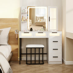 Makeup Vanity Desk with 3-Color Induction LED Lights and 6 Drawers