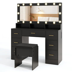 Makeup Vanity Desk with Mirror 3-Color LED Lights and Charging Station