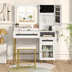 Modern Makeup Vanity Desk with Mirror and Lights and Stool Set