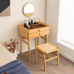 Bamboo Makeup Vanity Table with Mirror and 2 Storage Drawers