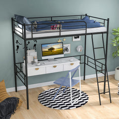 Metal Loft Twin Size Bed Frame with Ladder & Safety Guardrail