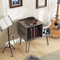 Mid-century Record Player Stand with Power Outlet and Vinyl Divider