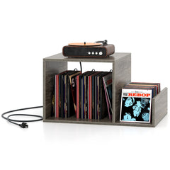 Mid-century Record Player Stand with Power Outlet and Vinyl Divider