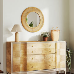 25.5 Inch Bohemian Round Wall Mounted Decorative Mirror with Wooden Frame