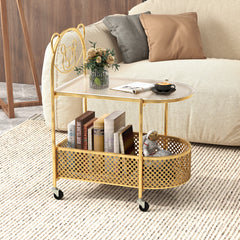 2-Tier Mobile Glass end Table with Bear Pattern