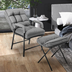 Linen Fabric Modern Accent Chair with Ottoman and Adjustable Backrest