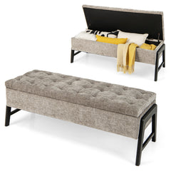 Modern Chenille Storage Bench with Solid Rubber Wood Legs