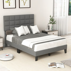 Full/Queen/King Size Modern Linen Bed Frame with Adjustable Headboard-Gray