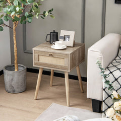 Modern Rattan Nightstand with Drawer and Solid Wood Legs for Bedroom and Living Room