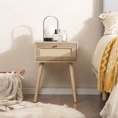 Modern Rattan Nightstand with Drawer and Solid Wood Legs for Bedroom and Living Room