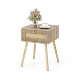 Modern Rattan Nightstand with Drawer and Solid Wood Legs for Bedroom and Living Room