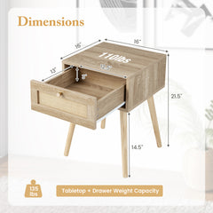 Modern Rattan Nightstand with Drawer and Solid Wood Legs for Bedroom and Living Room