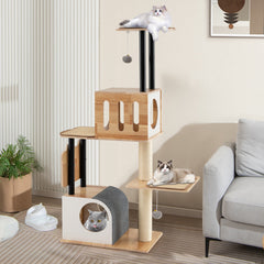 Modern Tall Cat Tower with Double Condos with Dangling Balls and Sisal Carpets