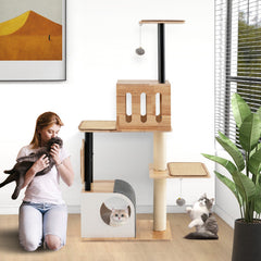 Modern Tall Cat Tower with Double Condos with Dangling Balls and Sisal Carpets