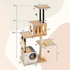 Modern Tall Cat Tower with Double Condos with Dangling Balls and Sisal Carpets