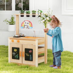 Kids Mud Kitchen Fir Wood Playset with Planting Pots and Blackboards