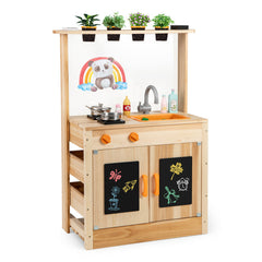 Kids Mud Kitchen Fir Wood Playset with Planting Pots and Blackboards