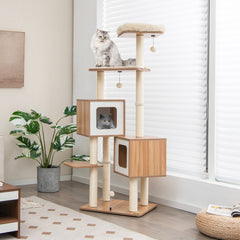 Modern Wooden Cat Tree with Perch Condos and Washable Cushions