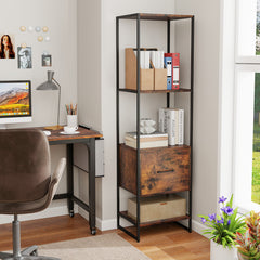 5-Tier Narrow Bookcase with 4 Open Shelves and Storage Drawer