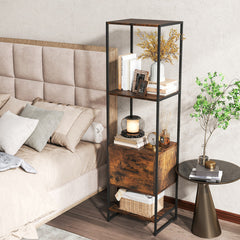 5-Tier Narrow Bookcase with 4 Open Shelves and Storage Drawer