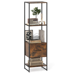5-Tier Narrow Bookcase with 4 Open Shelves and Storage Drawer