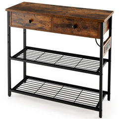 Narrow Console Table with 2 Drawers and 2 Metal Mesh Shelves