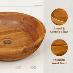 16 Inch Teak Wood Washbasin with Drainage Hole and Rounded Corners