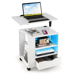 Nightstand Bedside Table Swivel Laptop Tray with Charging Station and LED Lights