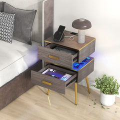 Nightstand Sofa Side Tables with Charging Station and 2 Drawers and LED lights