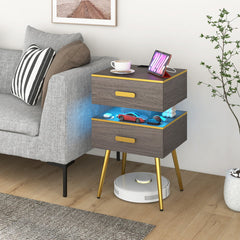 Nightstand Sofa Side Tables with Charging Station and 2 Drawers and LED lights