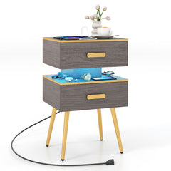 Nightstand Sofa Side Tables with Charging Station and 2 Drawers and LED lights