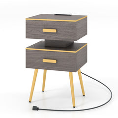 Nightstand Sofa Side Tables with Charging Station and 2 Drawers and LED lights