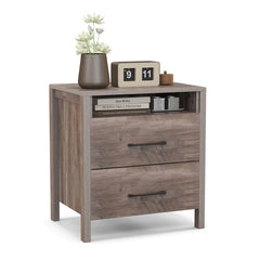 Nightstand with 2 Drawers Farmhouse Bed Side Table with Open Storage Shelf