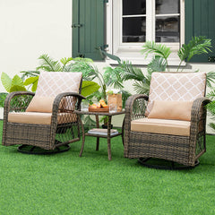 3 Pieces Outdoor Wicker Conversation Set with Tempered Glass Coffee Table