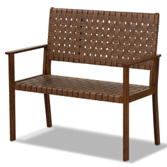 Outdoor All Weather Bench with Solid Rubber Wood Frame and Hand Woven PU Leather