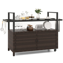 Outdoor Bar Cart Wicker Buffet Serving Cart with Cabinet and 8 Hooks