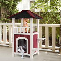 2-Story Wooden Cat House with Asphalt Roof Balcony and Rain Curtain