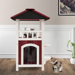 2-Story Wooden Cat House with Asphalt Roof Balcony and Rain Curtain