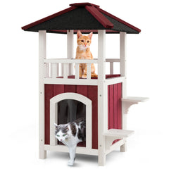 2-Story Wooden Cat House with Asphalt Roof Balcony and Rain Curtain