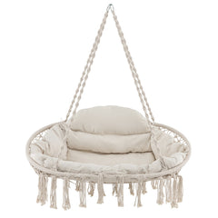 Hand-Woven Rope Hanging Chair with Thick Cushion and Folding Metal Frame