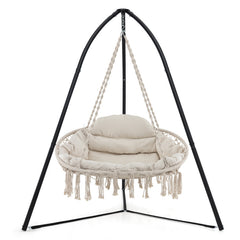 Hand-Woven Rope Hanging Chair with Thick Cushion and Folding Metal Frame