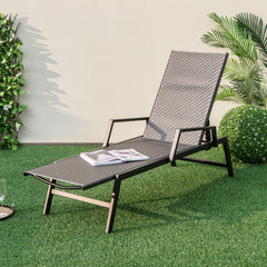 Outdoor Rattan Chaise Lounge Reclining Chair with Armrests and 5-Position Backrest