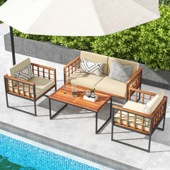 4 Pieces Acacia Wood Outdoor Sofa Set for Balcony, Porch, Backyard, Poolside