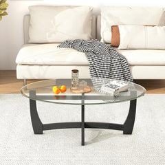 Oval Coffee Table with Tempered Glass Tabletop and Rubber Wood Legs