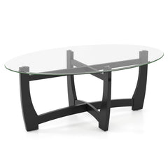 Oval Coffee Table with Tempered Glass Tabletop and Rubber Wood Legs