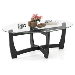 Oval Coffee Table with Tempered Glass Tabletop and Rubber Wood Legs