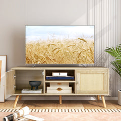 PE Rattan Media Console Table with 2 Cabinets and Open Shelves for Living Room