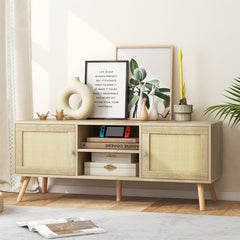 PE Rattan Media Console Table with 2 Cabinets and Open Shelves for Living Room